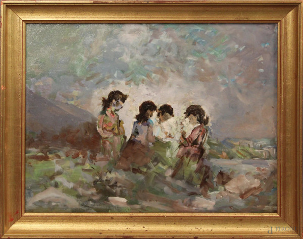 Cesare Laruffa, Bambini, olio su tavola, cm 35 x 45, entro cornice.