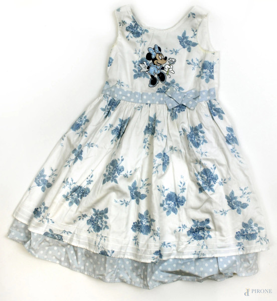 Disney, vestito smanicato da bambina bianco a fantasia floreale azzurra, dettagli a pois, chiusura sul retro con bottoni,  taglia 8 anni.
