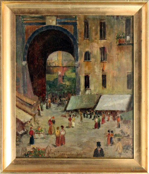 Porta Capuana con figure, olio su tela riportato su cartone, cm. 34x28, entro cornice.