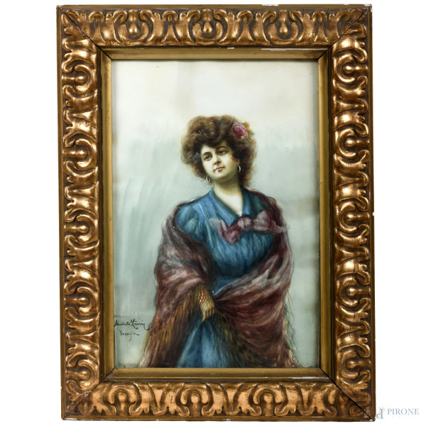 Donna pensosa, tecnica mista su carta, XIX - XX secolo, 42,5x28,5 entro cornice,  firmato e iscritto "Venezia" in basso a sinistra (difetti)