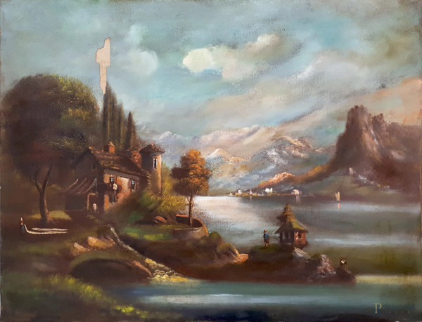 Antico dipinto di area nord-europea raffigurante paesaggio lacustre con baita e monti, olio su tela, cm 50x65