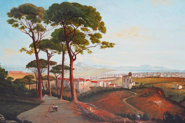 Veduta di Napoli dalla Conocchia, XX secolo, olio su tela, cm 71x83 entro cornice. Firmato in bas...