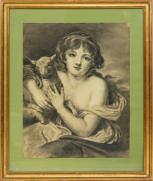 Da Jean-Baptiste Greuze (Tournus, 1725 – Parigi, 1805), L'innocenza, matita su carta, cm 41,5x53, entro cornice