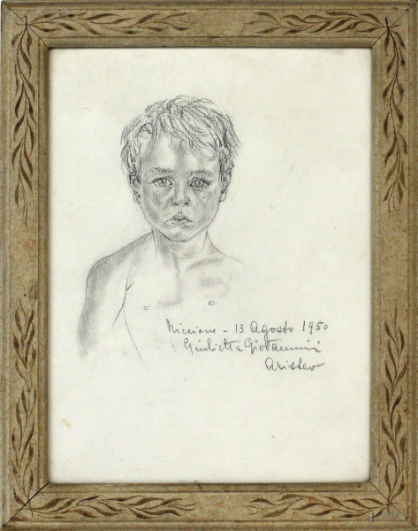Ritratto di fanciullo, disegno a matita su carta, cm 32,5x24,5, firmato e datato, entro cornice.