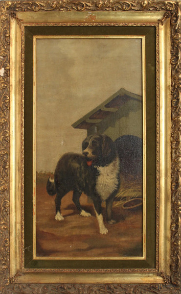 Paesaggio con cane, olio su tela, cm 62x30, entro cornice, difetto sulla tela.