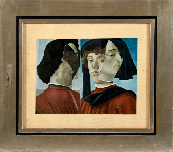 Collage e decollage,  firmato a graffio in basso a destra, XX secolo, cm 21,5x28,5, entro cornice, (difetti)