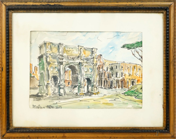 Arco di Costantino, acquarello su carta, cm 30x44,5, firmato, entro cornice.