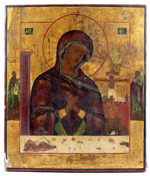 Icona russa del XIX secolo, raffigurante la Madre di Dio, tempera su tavola, cm 35,5x30, (lievi difetti)
