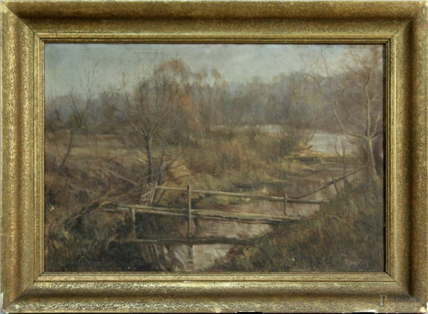 Alois Moravec, paesaggio fluviale con ponticello, olio su tela 46,5x68,5 cm, entro cornice.