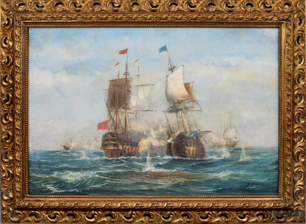Battaglia navale, olio su tela, cm. 64x93, firmato G. Gianni, in cornice.