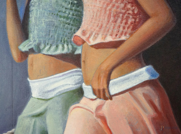 La sfilata dei bambini 2004, olio su cartone telato, firmato a tergo Paola de Luigi, cm 60x40, en...