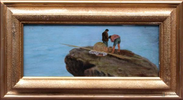 Pescatori, olio su tela riportato su cartone, 19x46 cm, primi 900, entro cornice.