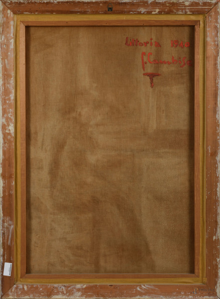 Ritratto di pittrice, olio su tela, cm 117x83, entro cornice, firmato e datato al retro "F. Cambi...
