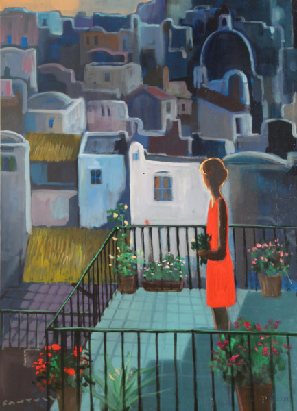 Paesaggio con figura al balcone