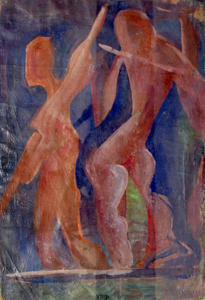 Figure, olio su tela con retro dipinto a soggetto di natura morta, met&#224; XX sec., cm 62 x 43, entro cornice.