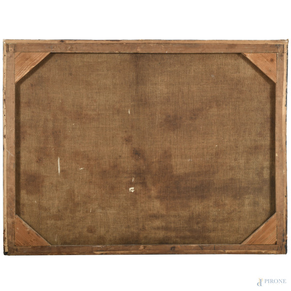 Scuola fiamminga del XVII-XVIII secolo, Scorcio di costa tirrenica, olio su tela, cm 75,5x99,5, (...