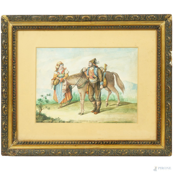 Donna di Casal Bordino dell'Aquila, XIX secolo, acquerello su carta, cm 19,5x25, titolato in basso, entro cornice