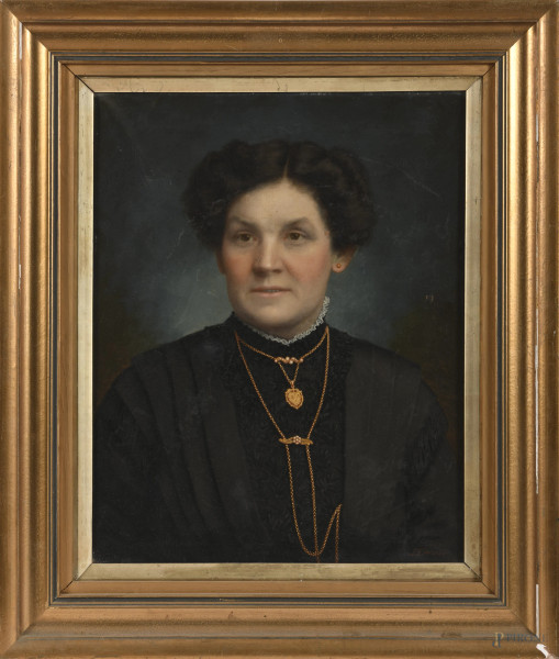 Ritratto di signora, XIX, olio su tela, cm 50,5x40,5, firmato in basso a destra, entro cornice, (lievi abrasioni, piccole lacarazioni e cadute di colore, tela da ritensionare)