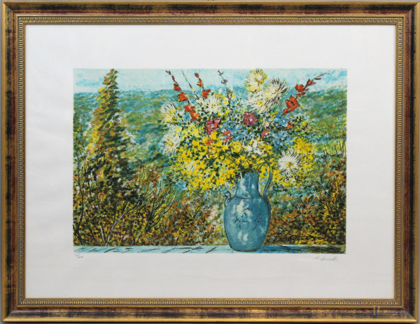 Michele Cascella - Vaso con fiori, litografia a colori, cm 63x86, ES.96/200, entro cornice.