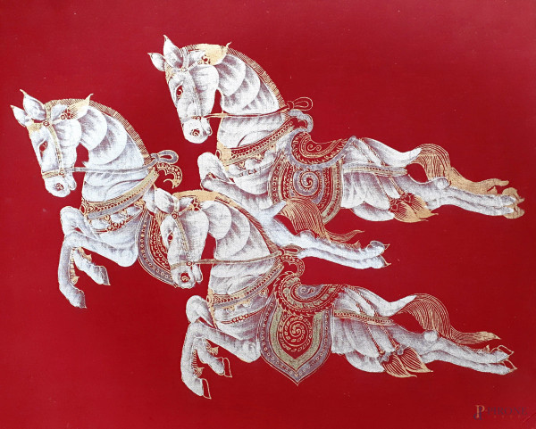 Arte asiatica del Novecento, Destrieri purosangue arabi con bardatura da parata, pigmenti argento e oro su tessuto, anni 50, cm 44x52
