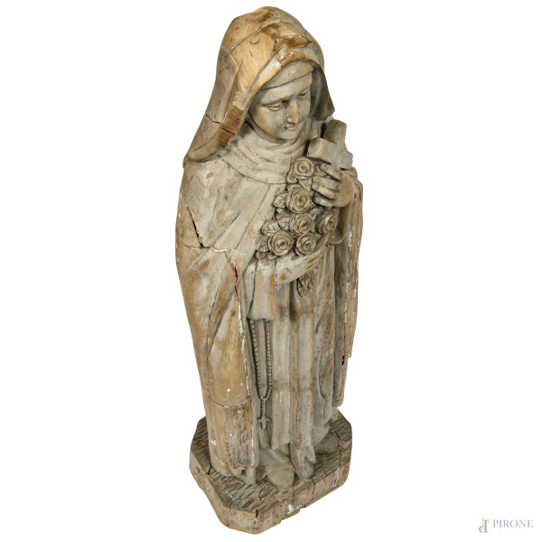 Santa, XX secolo, scultura in legno dipinto, altezza cm 100, (rotture, restauri, difetti, segni d...