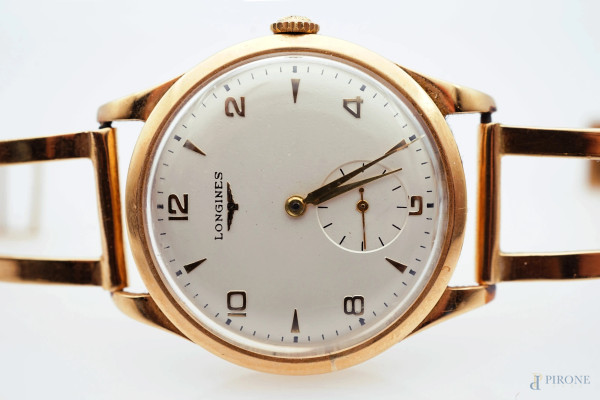 Longines, orologio da polso in oro giallo 18 kt, con quadrante circolare diametro cm 3,4, peso lo...