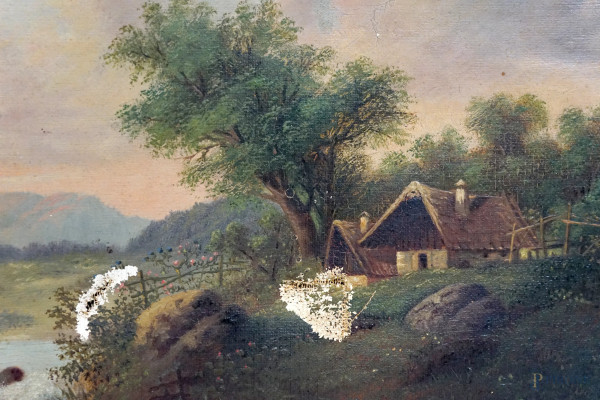 Minna Bachmann (att. Germania 1860-1887), lotto composto da quattro paesaggi, sec.XIX, olio su te...