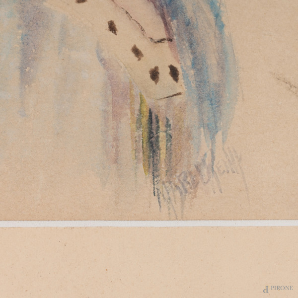 Profilo di fanciulla con cappello, XIX-XX secolo, tecnica mista su carta, cm 20x15, entro cornice...