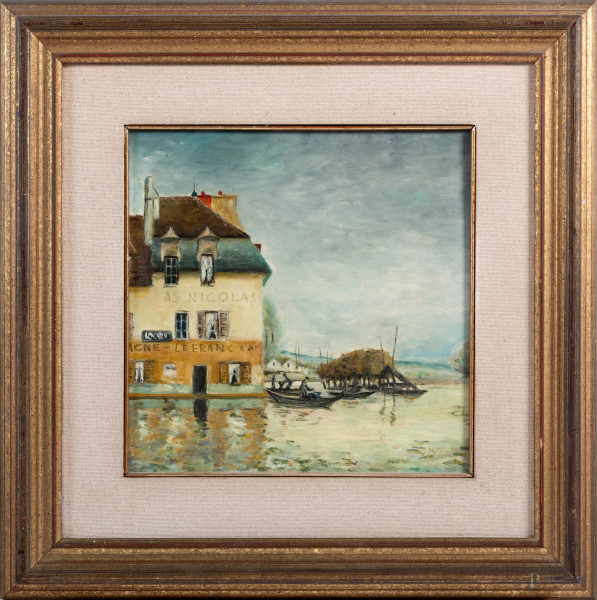 Le Port Marly, XX secolo, olio su compensato, cm 30x30, entro cornice