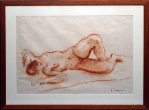 Felice Carena - Nudo di donna, sanguigna su carta, 38x58 cm, entro cornice con autentica