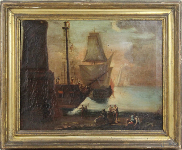 Seguace di Salvator Rosa (Napoli, 22 luglio 1615 – Roma, 15 marzo 1673), Marina con imbarcazioni, olio su tela, cm. 34,5x43, entro cornice, (difetti alla tela).