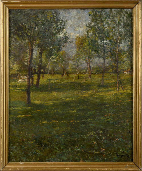 Parco con alberi, XX secolo, olio su tela applicata su compensato, cm 60x50, firmato in basso a destra, entro cornice, (lievi segni di usura, supporto lievemente imbarcato)