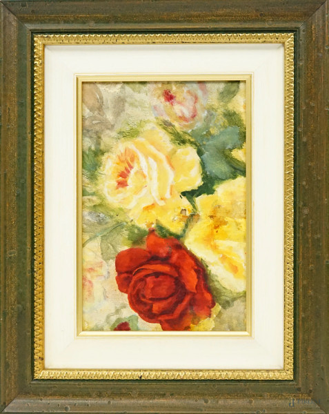 Rose, olio su cartone, cm 21x15 ca, XX secolo, entro cornice, (difetti).