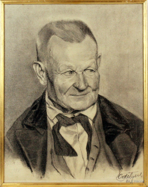Ritratto d'uomo con papillon, tecnica mista su carta, cm 47x37, firmato, entro cornice.
