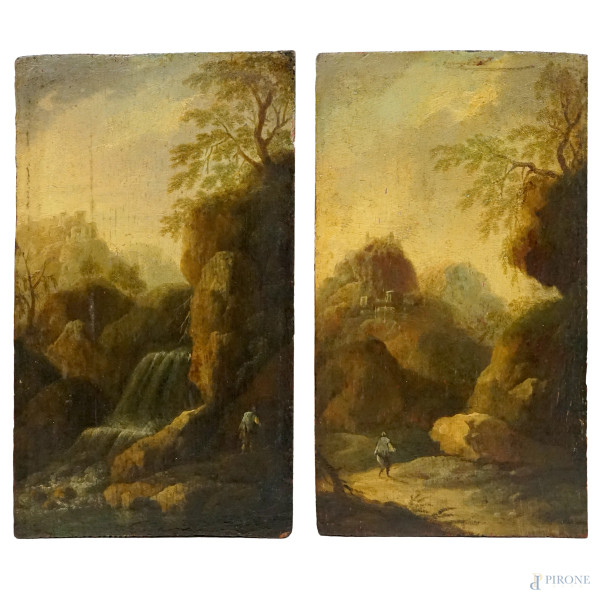Scuola del XVIII-XIX secolo, coppia di paesaggi con figure, olio su tavola, cm 20x11,5.