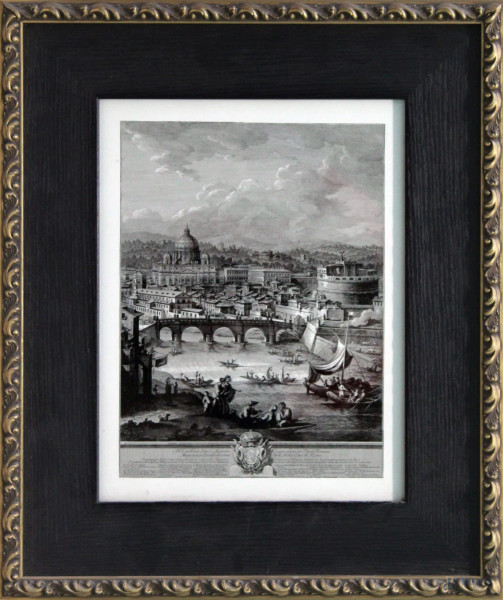 Scorcio del Tevere su sfondo Roma, incisione di Giuseppe Vasi, 39x30 cm, entro cornice