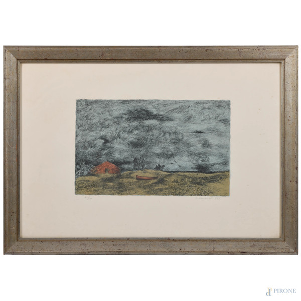 Giovanni Omiccioli (1907 - 1975), Spiaggia con barche, litografia a colori 35/100, cm 50x70, firmata e datato "966" in basso a destra, entro cornice