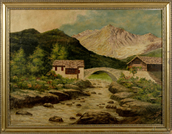Paesaggio montano con ruscello, XX secolo, olio su faesite, cm 60x80, firmato in basso a destra, entro cornice, (supporto imbarcato, difetti)
