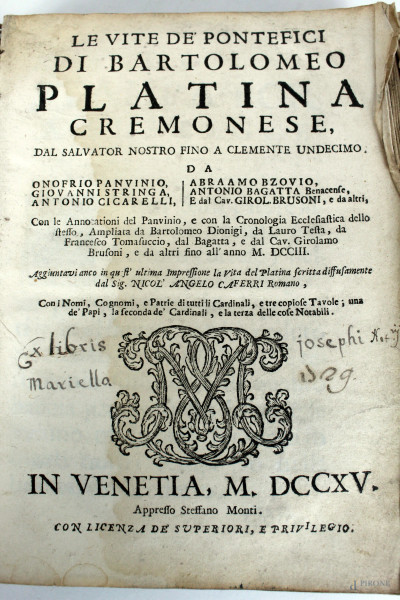 Le Vite de Pontefici di Bartolomeo Platina, Venezia, 1715 (difetti)
