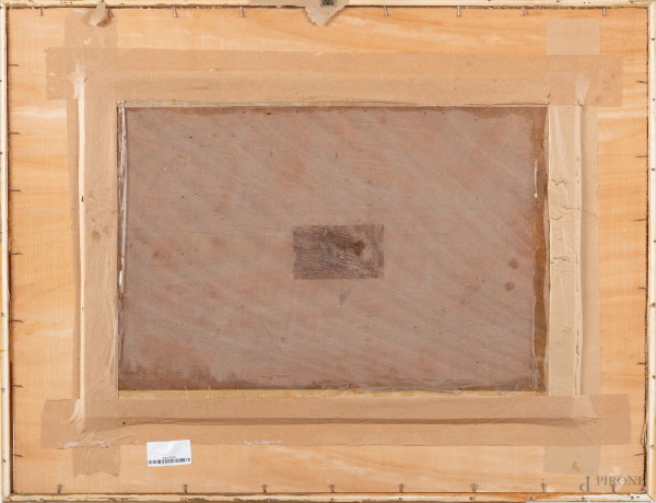 Figure nel paesaggio, XX secolo, cm 44x63, olio su compensato telato, firmato in basso a destra, ...