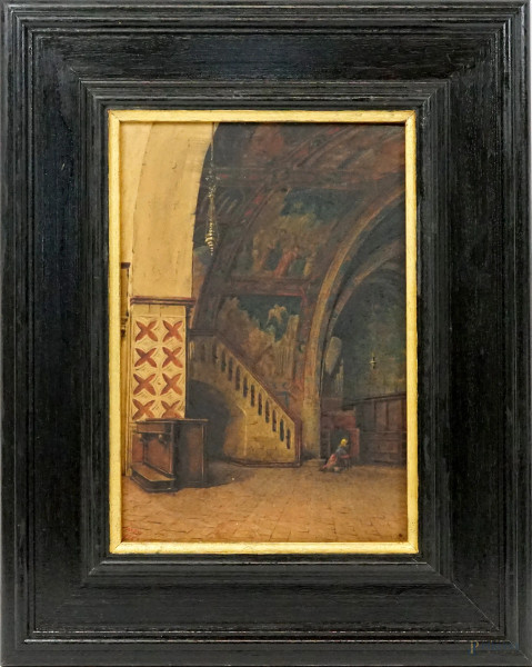 Basilica inferiore di S.Francesco ad Assisi, olio su cartoncino, cm 24x16, siglato e datato in basso a sinistra, entro cornice.