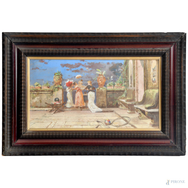 Terrazza con figure, XIX-XX secolo,tecnica mista su cartone, cm 32x55, firmato in basso a sinistra, entro cornice, (ondulazioni e lieve fessurazione del supporto)