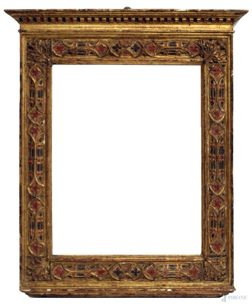 Cornice a cassettone in legno intagliato, dorato e dipinto, XVII sec., misure specchio cm. 50,5x41, ingombro cm. 72x61.