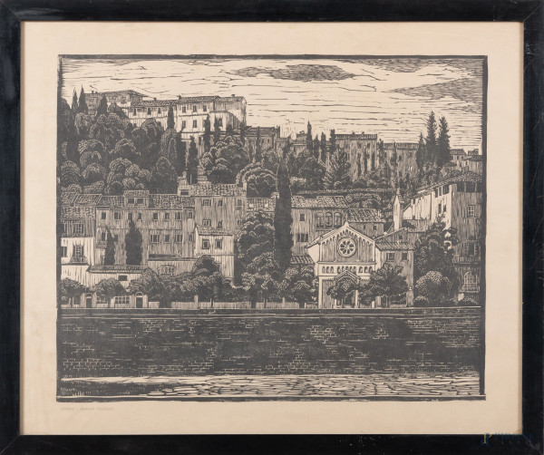 Firenze - Lungarno Torrigiani, XX secolo, stampa su carta, cm 56,5x68, entro cornice, (segni di usura, ondulazioni e ossidazioni della carta, tracce di umidità)
