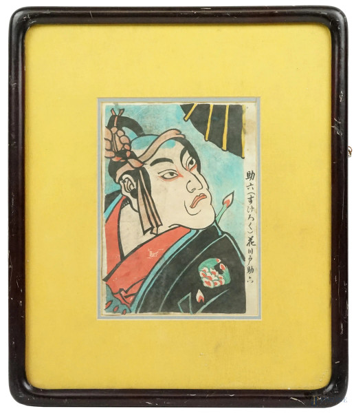Sukeroku Hanakawado, tecnica mista su carta, cm 19x13,5, Giappone, XIX secolo, entro cornice, (difetti).