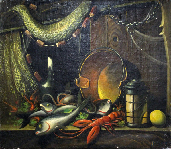 Natura morta, Vasellame e pesci, olio su tela, cm 60x70.