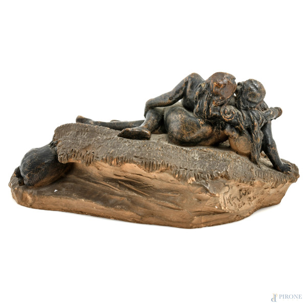 Luigi Preatoni (1845-?), Tentazioni di S. Antonio, scultura in terracotta, cm 12,5x27x17