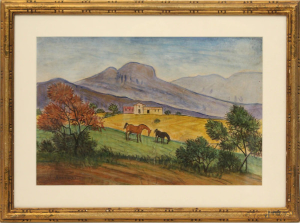 Alfonso Amorelli - Paesaggio con cavalli, tecnica mista su carta cm 26 x 40, entro cornice.