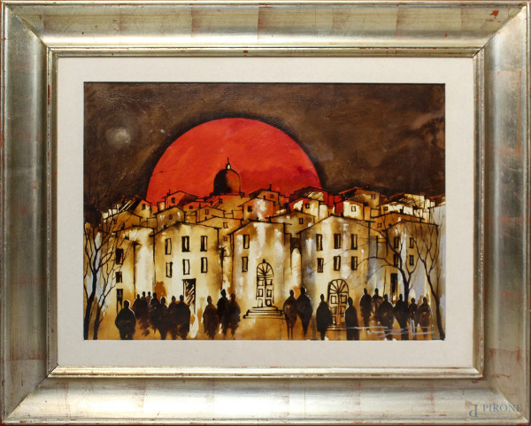 Marco Pinizotto - Paese al tramonto, olio su tela 50x70 cm, firmato, entro cornice.