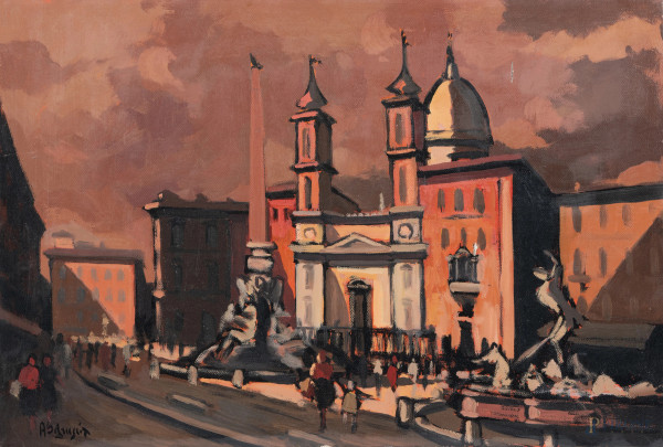 Achille Sdruscia (1910-1993), Piazza Navona, acrilico su tela, cm 40x60, firmato in basso a sinistra, entro cornice